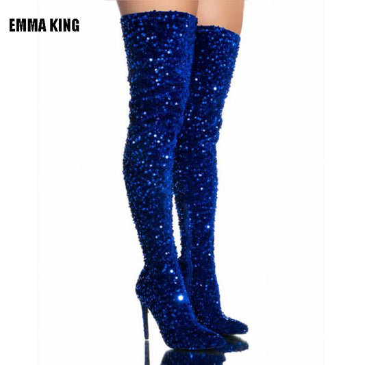 Blue Crystal Over the Knee Boots