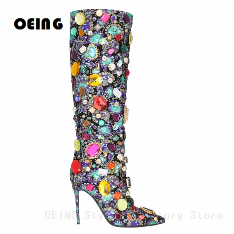 Luxurious Crystal-embellished Knee Boots - Pointed-toe Stilettos