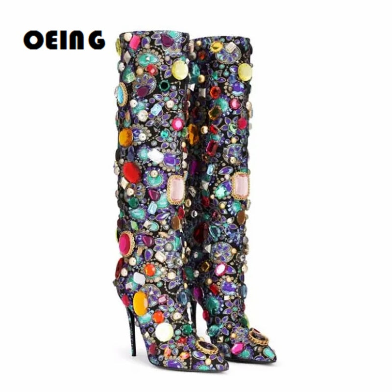 Luxurious Crystal-embellished Knee Boots - Pointed-toe Stilettos